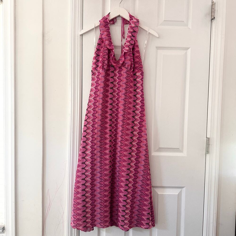 Betsey Johnson Vintage Y2K Pink Crochet Zigzag Halter Dress Ruffle Neck Large